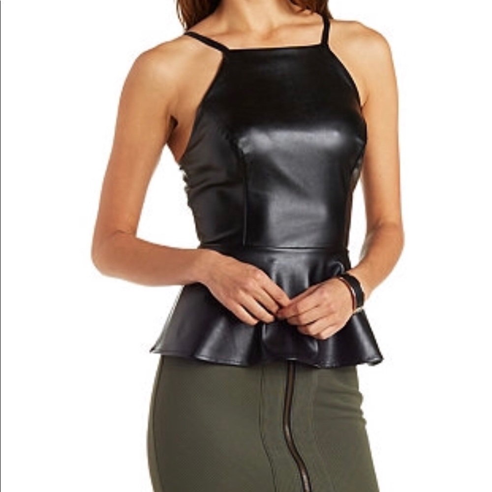 Black Sleeveless Faux Leather Peplum Top